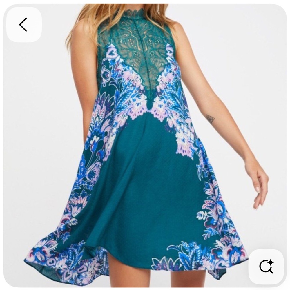 Free People Teal Halter Lace-Trim Floral Mini Dress Size XS